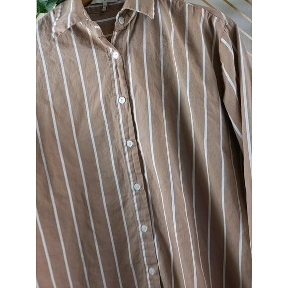 OAK FORT Women's Tan White Striped Button Up Blouse Flare Sleeve Size OS - Picture 4 of 9